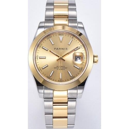New Arrival Parnis Gold Dial miyota luminous Date automatic Mens Watches Sapphire Crystal Mechanical Men Watch