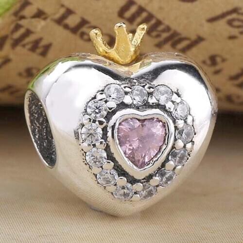 Original Princess Heart With Pink Crystal Beads Fit 925 Sterling Silver Bead Charm Bracelet Bangle Diy Jewelry