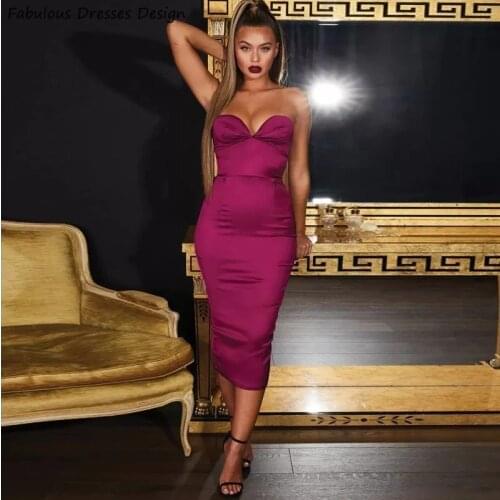 Sweetheart Strapless Short Prom Dress Fuchsia Mermaid Tea Length Evening Dresses Woman Party Night 2021 Slit Robe de soiree