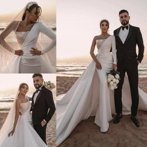 Mermaid Wedding Dresses 2021 With Long Sleeve Dubai Arabic Middle East Zipper Back Bridal Wedding Gowns Sequins Pearls Satin Cha