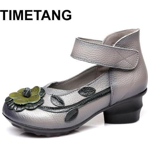 TIMETANG 2021 Handmade Genuine Leather Women Shoes Spring Autumn Soft Thick High Heels Women Pumps Vintage Shoes