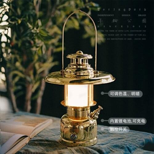 Retro Vintage Brass Table Lamp Outdoor Camping Lamp Charging Desk Light Touch Dimming Lantern For Bedside Bedroom Decoration