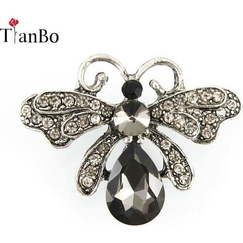 TianBo Vintage Style Brooch Fashion Black Rhinestone Crystal Wing butterfly Pendant Brooches pin Exquisite Pin