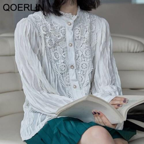 QOERLIN White Blouse Women Elegant Designer Embroidered Lace Tops Shirts Korean Sweet Loose Casual Female Pullovers Black Shirts