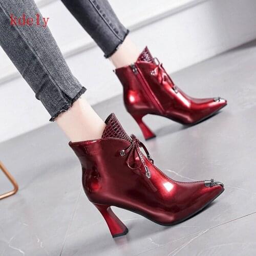 2020Hot New Style Sexy Lace Up Women Ankle Boots Genuine Leather Poined Toe High Heels Pumps Winter New Wedding Prom Shoes Woman