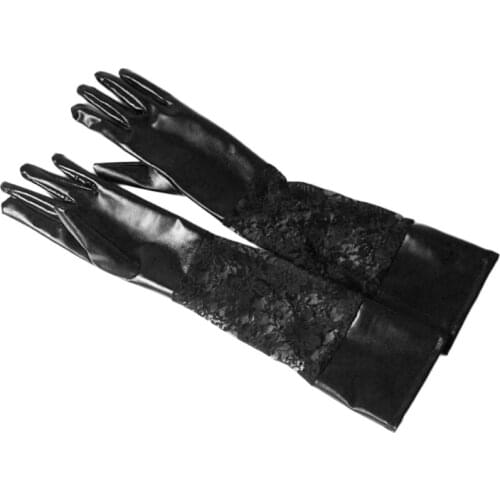 Womens Faux Patent Leather Black Full Finger Long Gloves Floral Lace Patchwork Wedding Opera Dance Party Brides Elbow H9ED