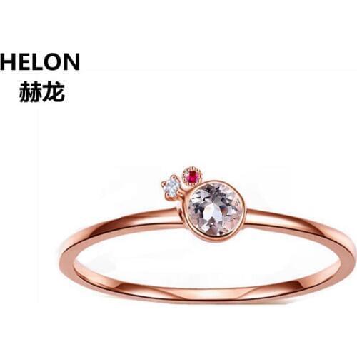 Elegant Solid 14k Rose Gold 4.5mm Round Natural Morganite Engagement Ring Diamond Ruby Women Wedding Ring Fine Jewelry