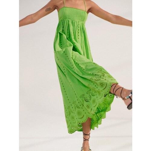 ZA summer new womens clothing sweet sling open back straight collar hollow embroidery dress