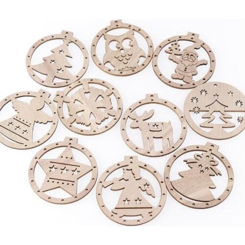 10PCS Vintage Christmas Wooden Pendants Ornaments DIY Wood Crafts Xmas Tree Ornaments Christmas Party Decorations Kids Gift