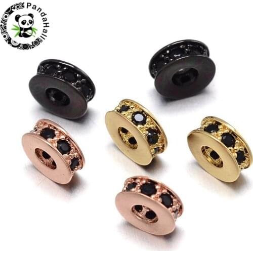 10pcs Flat Round Environmental Brass Micro Pave Cubic Zirconia Spacer Beads, Lead Free & Nickel Free & Cadmium Free, 7x3mm