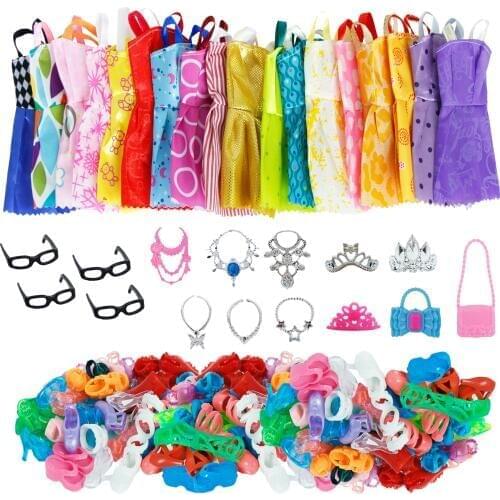 35 Item/Set Doll Accessories = 10 Shoes + 6 Necklace 4 Glasses 3 Crowns 2 Handbags + 10 Pcs Doll Clothes Dress for Barbie Doll