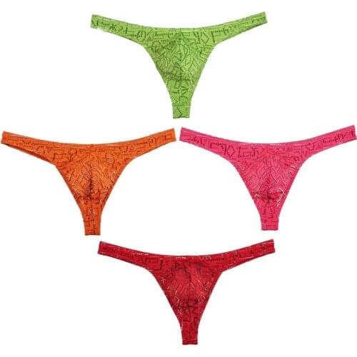 4PCS/Lot Fashion Jacquard Style Mens Bikini Thongs Sexy G-Strings Underwear Hollow Design Pouch T-Back