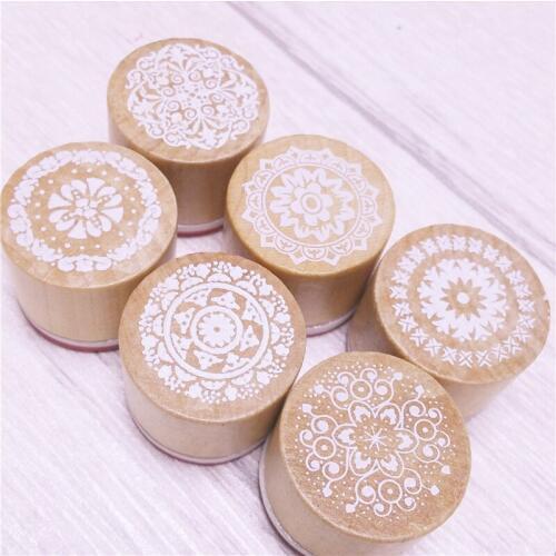 6Pcs/Set DIY Scrapbooking Vintage Floral Flower Pattern Round Wooden Rubber Stamps for Photo Album Decoration Embossing Craft