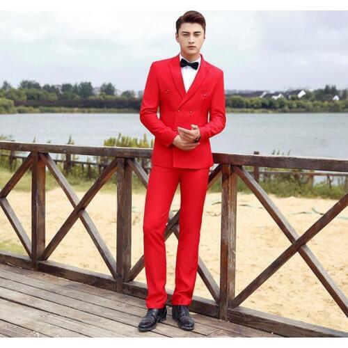 Blazer men groom suit set with pants mens wedding suits costume singer star style dance stage clothing red formal dress