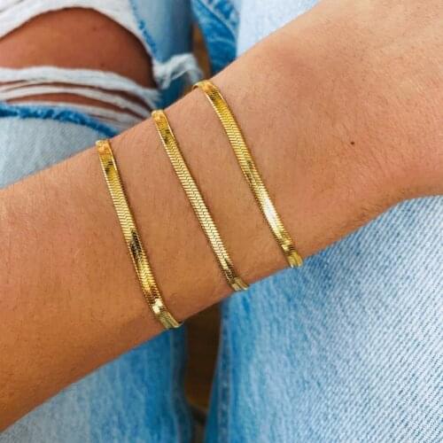 STAINLESS STEEL FLAT SNAKE CHAIN BRACELET FOR WOMAN ADJUSTABLE CHARM BRACELET HAND STACKED JEWELRY