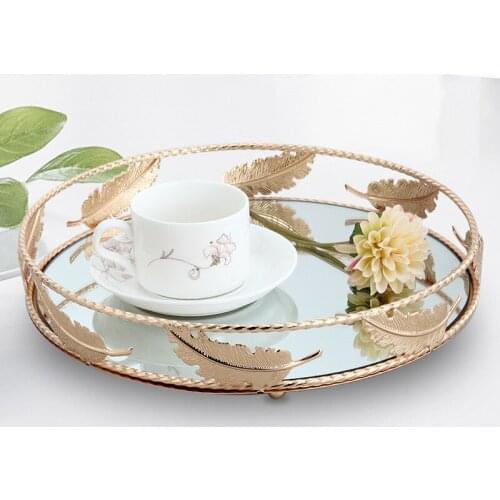 European wrought iron gold glass tray mirror bottom metal tray jewelry display tray decorative fruit storage tray