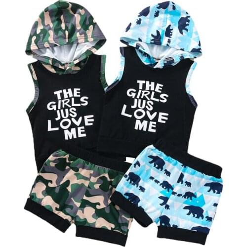FOCUSNORM Summer 2pcs Infant Boys Clothes Sets Letter Printed Sleeveless Hooded Tops Camouflage Shorts 1-6Y
