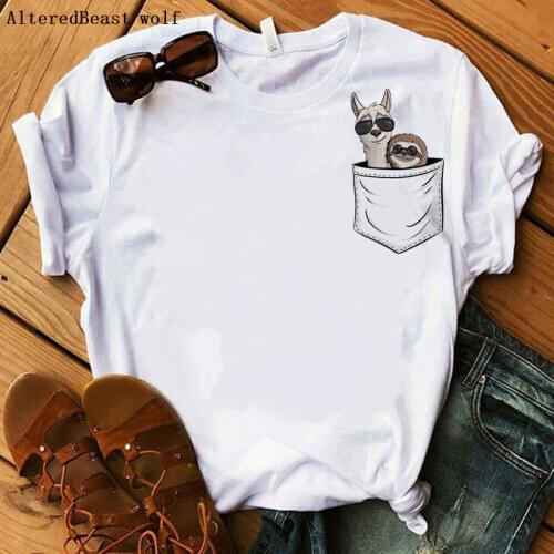 Llama & Sloth with sunglasses pocket tshirt print Women Llama T-shirts funny Graphic t shirt femme 2019 white Tops Llama clothes