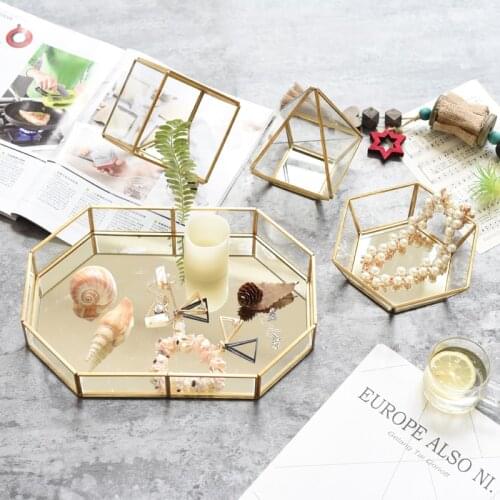 Vintage Geometric Shape Nordic Brass Glass Jewelry Storage Tray Clear Glass Jewelry Display Tray Box Home Decoration Ornaments