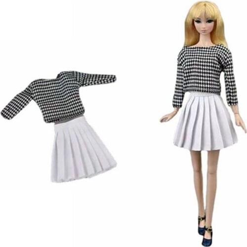 Fashion 11.5" Doll Clothes for Barbie Clothes Outfits Houndstooth Plaid Shirt Top White Pleated Skirt 1/6 BJD Accessory Kids Toy