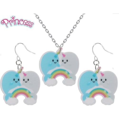 2019 New Fashion Girls Kids Gift Jewelry Dolphin Unicorns Rainbow Earring Pendant Short Chain Necklace Xmas Gift Wholesale KS77