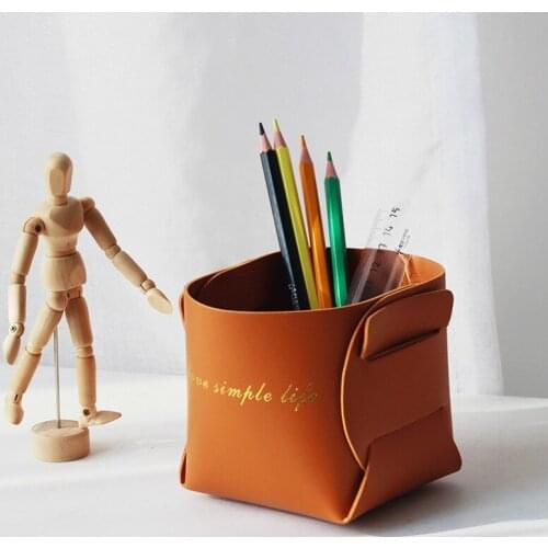 Nordic Style Pu Storage Basket Office Desk Stationery Pen Container Sundry Storage Basket Cosmetic Tube Brush Tube In Stock