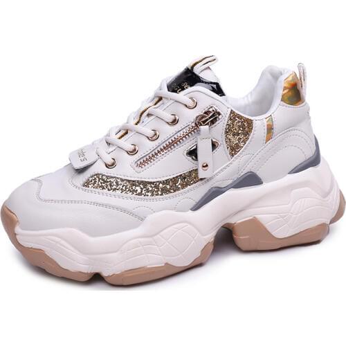 2019 New Fashion Casual Shoes Ladies Glitter Chunky Sneakers Platform White Basket Sneakers Shoes Trainers Chaussure Femme T1-21