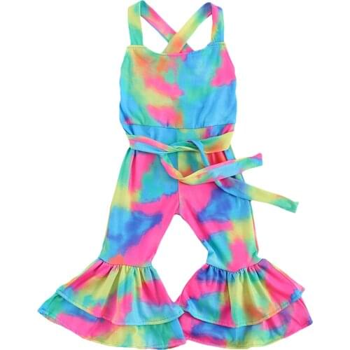 New Colorful Young Girls Bodysuit, Cross Strap Sling Bell-bottom Trousers Bow-tie Cloth Belt for Summer and Late Spring