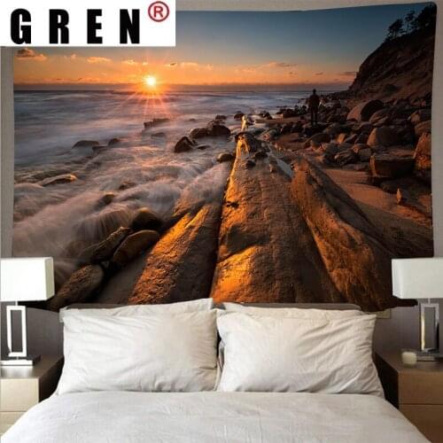 GREN Nightfall Sea Landscape Reef Scenery Cheap Tapestry Art Psychedelic Wall Hanging Beach Towel Thin Blanket Living Home Decor