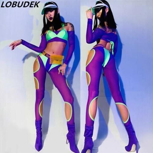 Sexy Transparent Jazz Hip-hop Dance Costume Purple Bikini Hat Set Bar Nightclub Party Women Stage Outfit Singer Dancer Costume