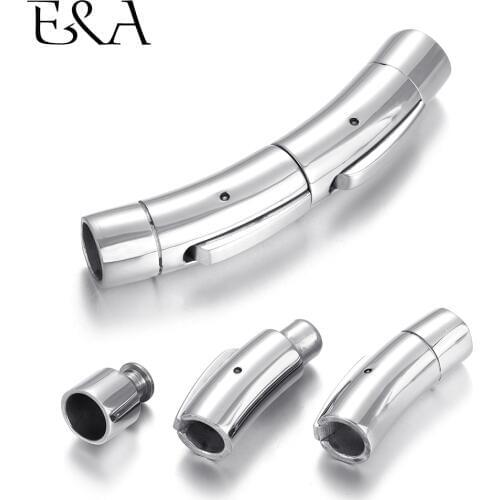 Stainless Steel Bayonet Clasp Three-Section 6mm Curved Tube Leather Cord Clasps Bracelet Pushlock Snap Buckle DIY Jewelry Making