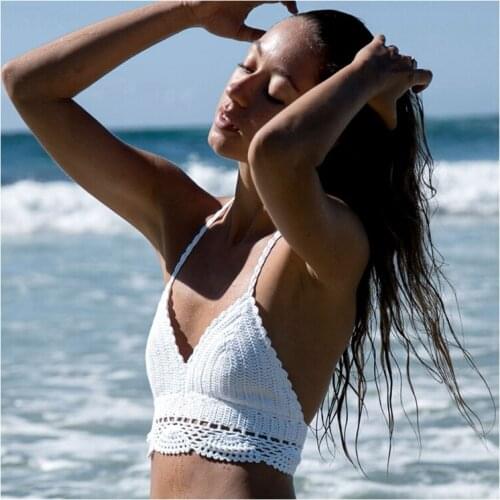 Hand-made Crochet Knitting Halter Tops Wrapped Chest Bikini Sexy Backless Beachwear