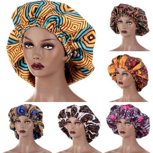 Women Double-layer Satin Bonnet Large African Print Cap Multifunctional Headwear Suitable for Sleep Chemotherapy and Beauty