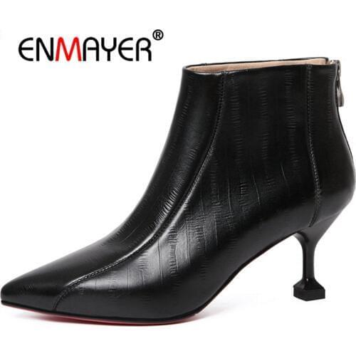 ENMAYER Ankle Boots Chunky High Heels Stretch Women Autumn Sexy Booties Pointed Toe Women Pump zipper Fashion boots CR1709