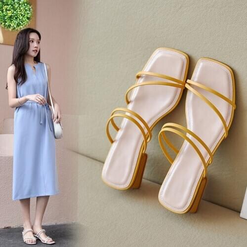 Ladies Sandals 2020 New Style Mid-Heel Strappy Square Open Toe Sandalia Mujer Women Shoes