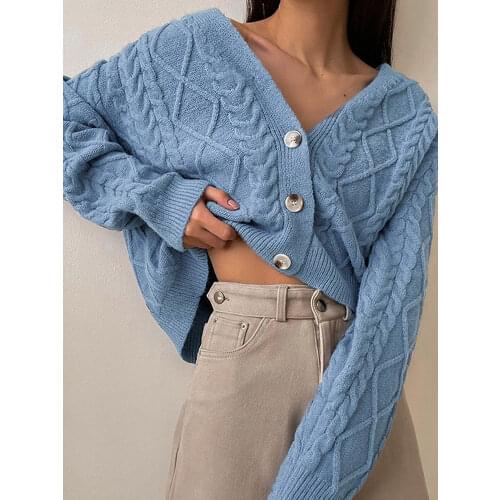 BerryGo Za school button v-neck short cardigan girl Casual long sleeve knit sweater cardigan autumn Fashion elegant women tops