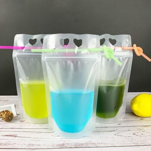 1000 X 500ml/700ml Thicken 0.2mm Disposable Frosted Stand-Up Juice Bag Vertical Zipper Seal Clear Drink Pouches Bags With Straws