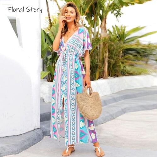2021 Bikini Cover-ups FLORAL STORY Women Summer Kimono Tunic Dress Woman Swimsuit Beach Cover Up Bohemian Beach Long Maxi Dress