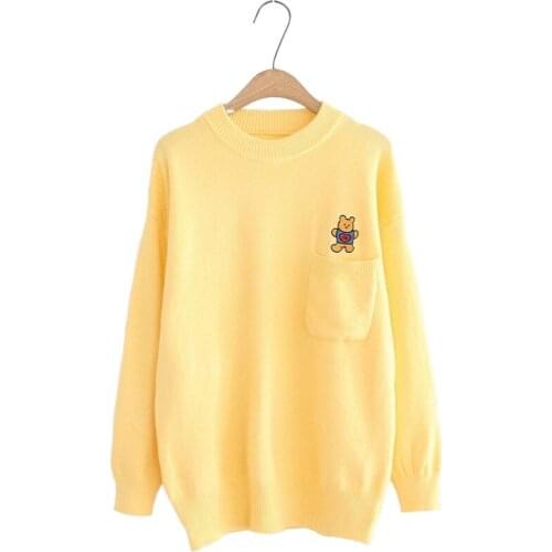2021 Winter Harajuku Sweaters Woman Cartoon Bear Embroidery Pocket Knitted Pullover Winter O Neck Long Sleeve Basic Sweater Tops