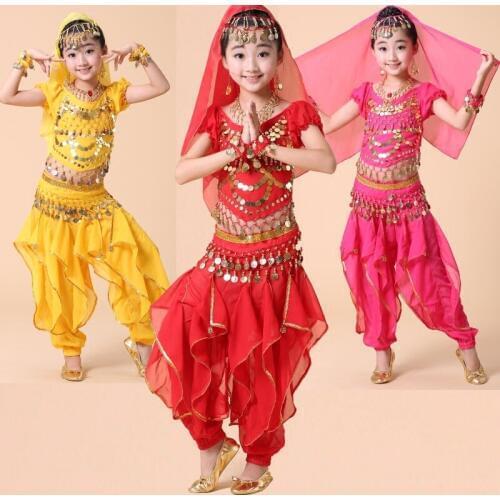 Kids Girl Children Kid Belly Dance Costume Coin Bollywood Indian Bellydance Belly Dancing Costumes 4pcs Sets Egypt Egyptian
