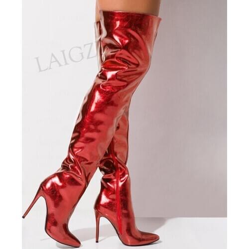 BERZIMER Women Thigh High Boots Side Zip Stiletto High Heels Over Knee Boots Party Prom Shiny Shoes Woman Size 43 44 45 46 47