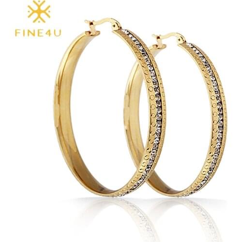 FINE4U E246 Stainless Steel Big Hoop Earrings Cubic Zirconia Earrings 60mm