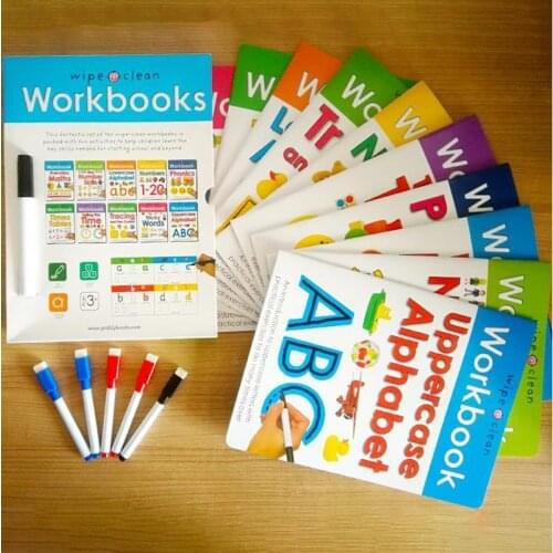 Children Reusable Wipe-Clean Book with Pen/Kids Phonics English Book Maths Alphabet Practise for Preschool 21*27cm