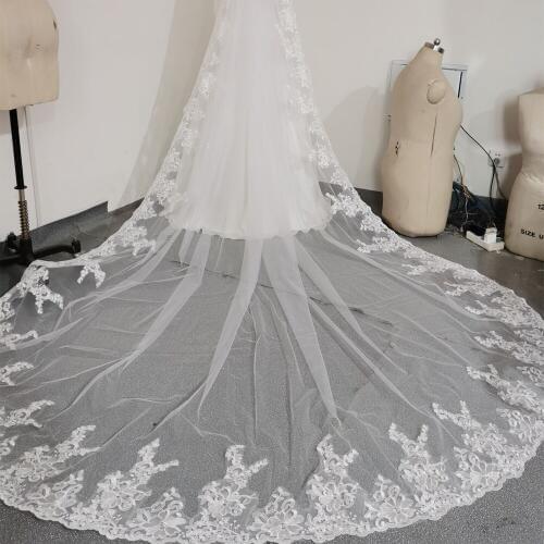 300cm Length Wedding Veil Long 1T Cathedral White Ivory Lace Hem Bridal Veils with Comb Wedding Veil 3M Width
