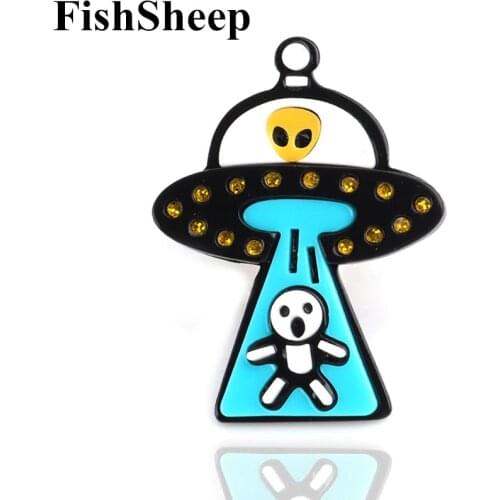 FishSheep Creative UFO Flying Saucer Spaceship Brooches And Pins Cute Cartoon Outer Space Lapel Pin Resin Women Jewelry Kid Gift