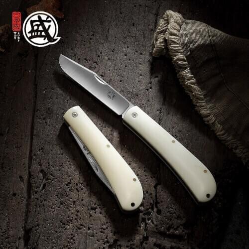 MITSUMOTO SAKARI Prehistoric Series Wootzsteel or M390 Powder Steel Pocket Knife with Mammoth Tusk Fossil or Camel bone Handle