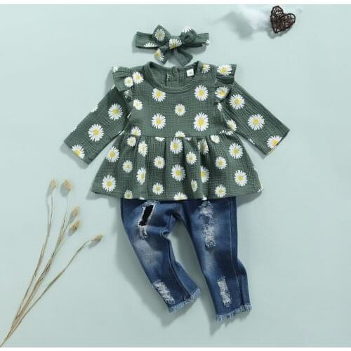 3Pcs Little Girls Outfit, Sweet Style Daisy Printing Long Sleeve Wide Hem Tops + Ripped Denim Trousers + Headwear Set