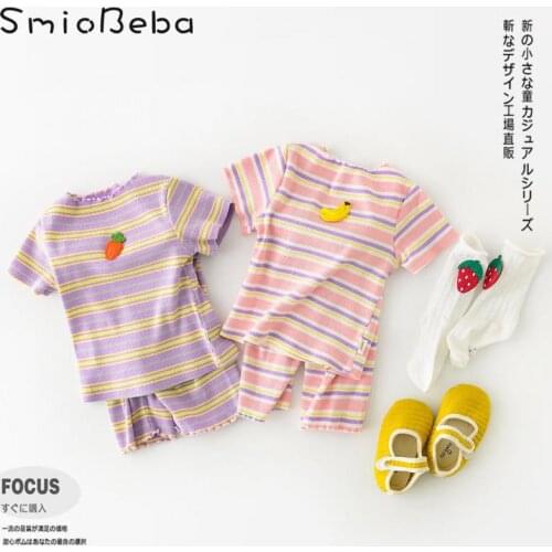Summer Newborn Banana Pattern 2PCS Suit Korean Baby Short Sleeve Rainbow Stripe Shirts+Pants Two Piece Set Toddler Girls Clothes
