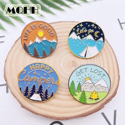 Cartoon Fun Outdoor Scenery Round Enamel Pins Sunrise Mountain Peak Woods River Sun Moon Alloy Brooch Badge Woman Jewelry Gift