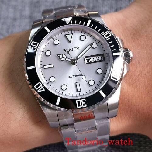 Bliger 40mm NH36A Automatic Silver Dial Mens Watch Sapphire Glass Date Week Function Rotating Bezel 904L Bracelet Luminous